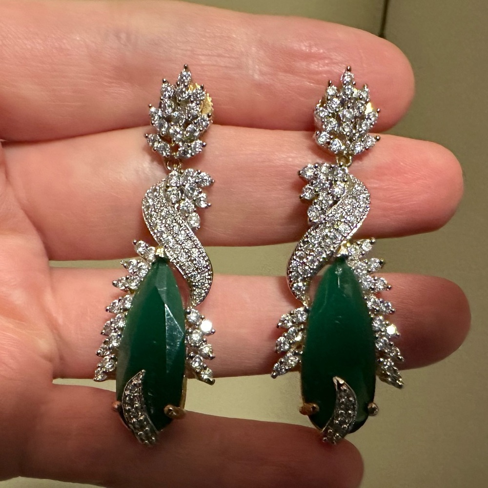 Green onyx and Cz ethnic Indian party wear statement drop earrings.